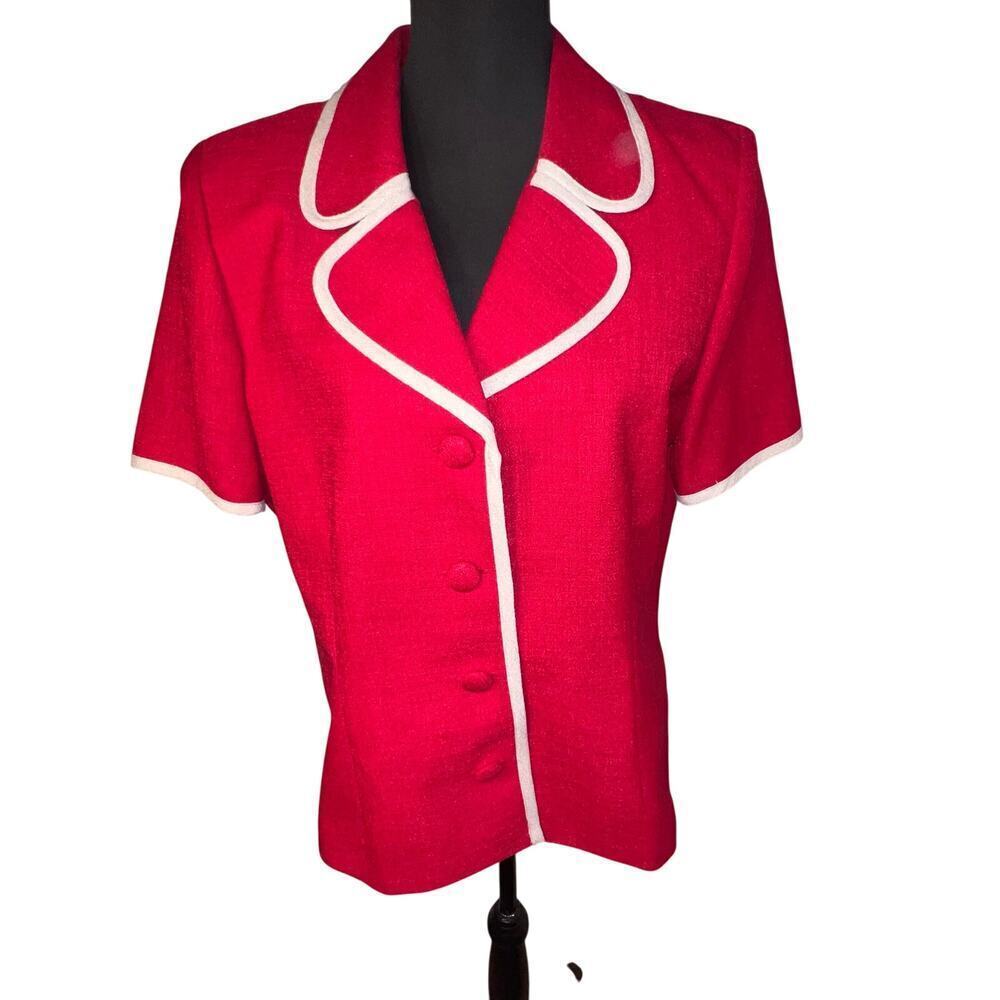 Leslie Fay Size 14 Red‎ w/White Piping lightweight gauzy suit jacket Vintage